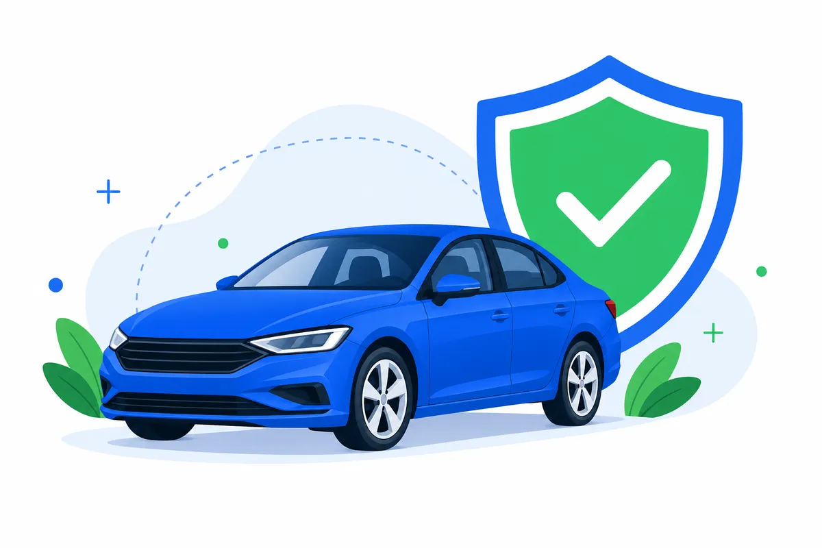 Схематичное изображение автомобиля и знака защиты на белом фоне